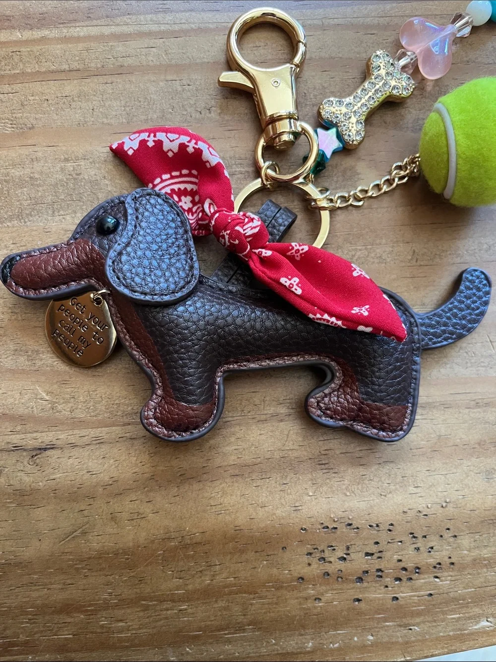 Piper K Dachshund Leather Key & Bag Charm with Red Bandana, Lime Tennis Ball